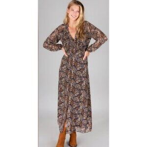 Natural Life Womens L Boho Peasant Floral Paisley Maxi Dress Navy Gold Metallic